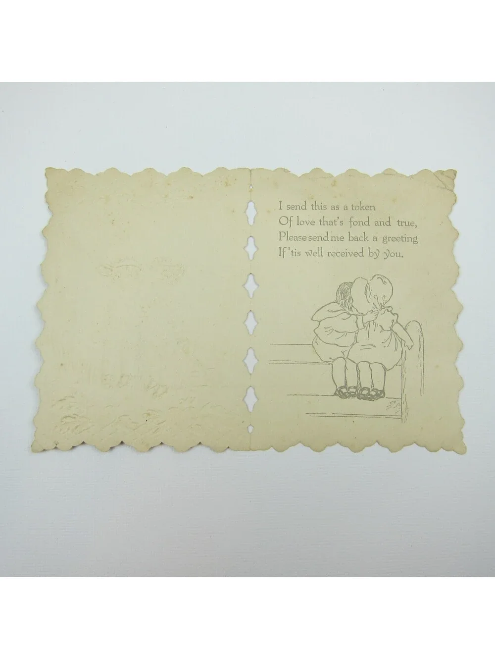 Valentine Card Boy Girl At Beach Sail Boat Gold Embossed Die cut Bifold Antique